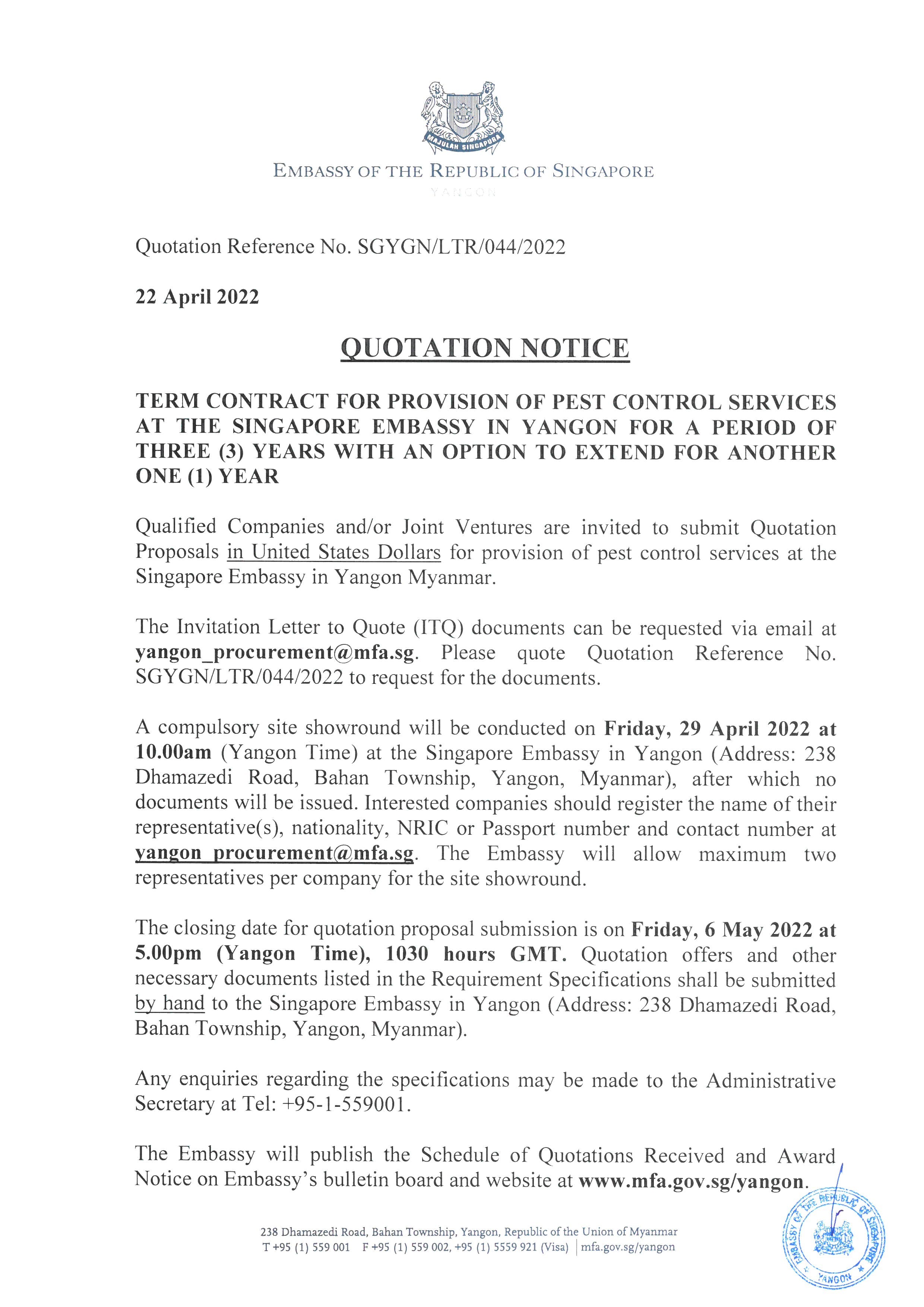 Singapore Embassy in Yangon: Quotation notice for pest control services. Embassy logo at top and bottom.